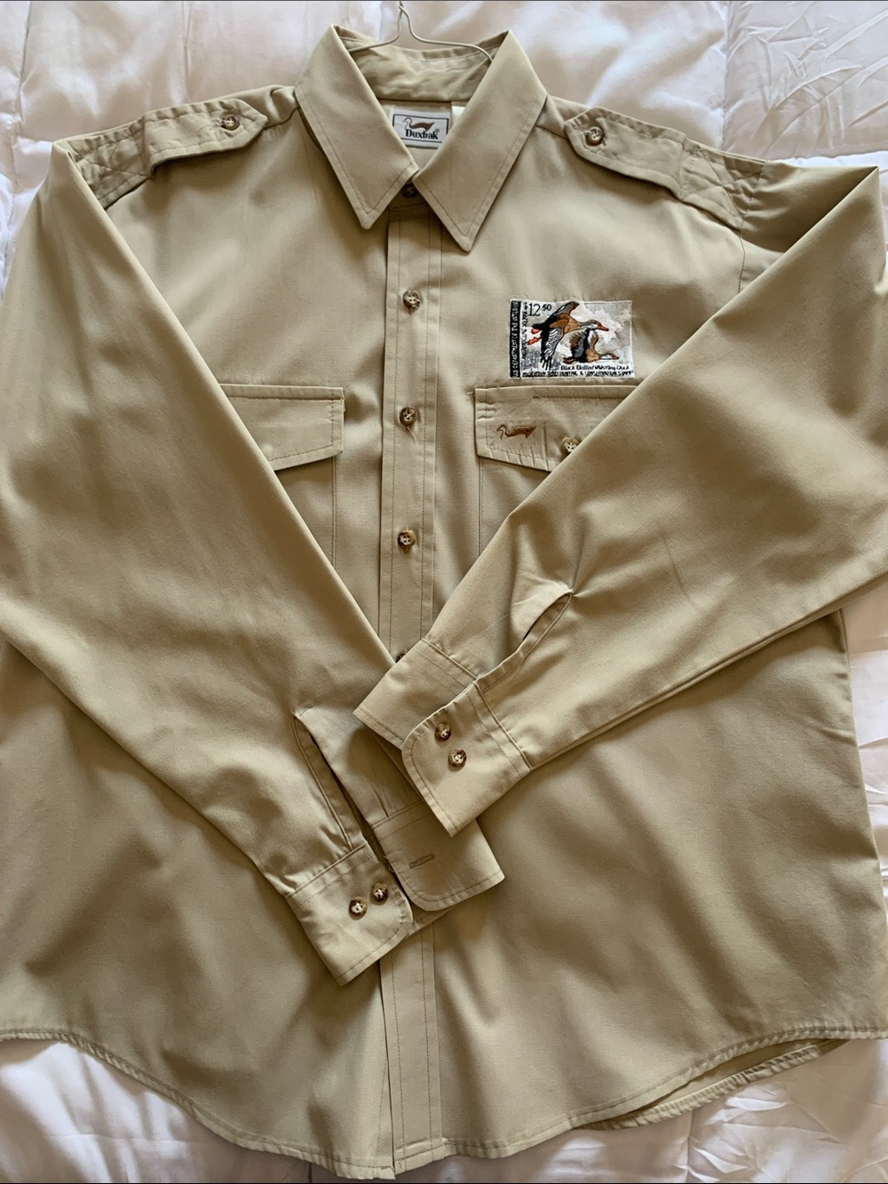 Duxbak Men's XL Tan Button-Up Safari Hunting Embroidered Shirt Vintage